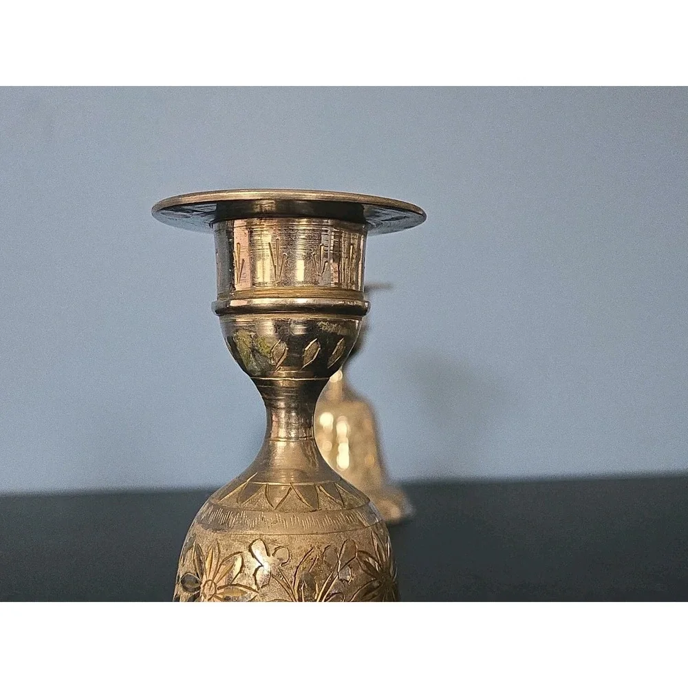 Vintage Z.Y. India World Gift Metal Service Bell Candle Stick Holders Set of 2